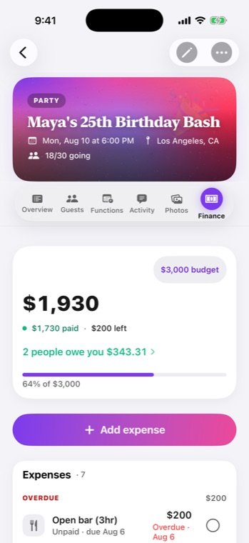 Gathr budget screen showing costs per guest
