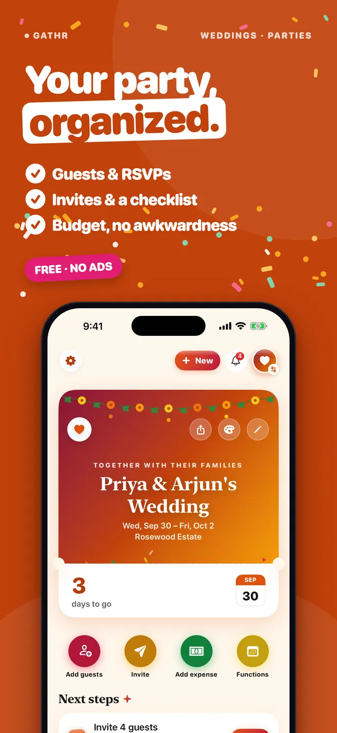 Your party, organized: guests and RSVPs, invites and a checklist, a budget with no awkwardness.