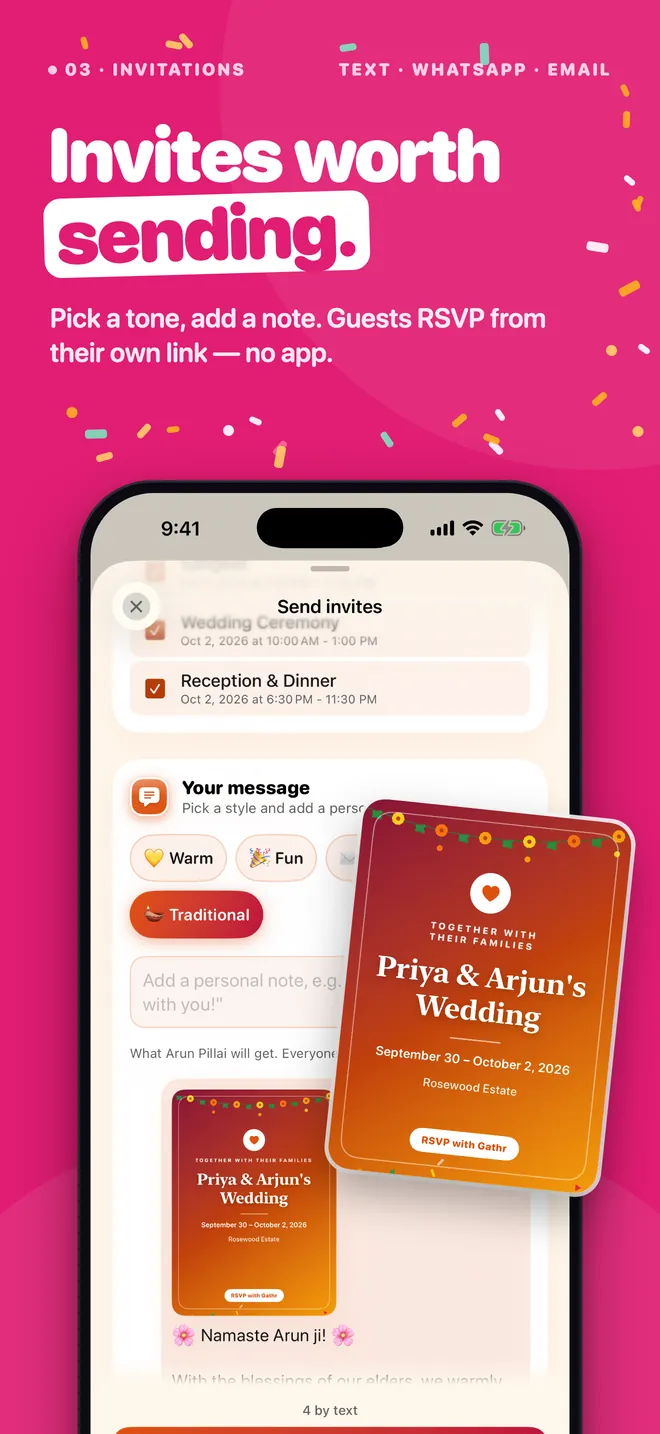 Invites worth sending — pick a tone, add a note, guests RSVP from their own link.