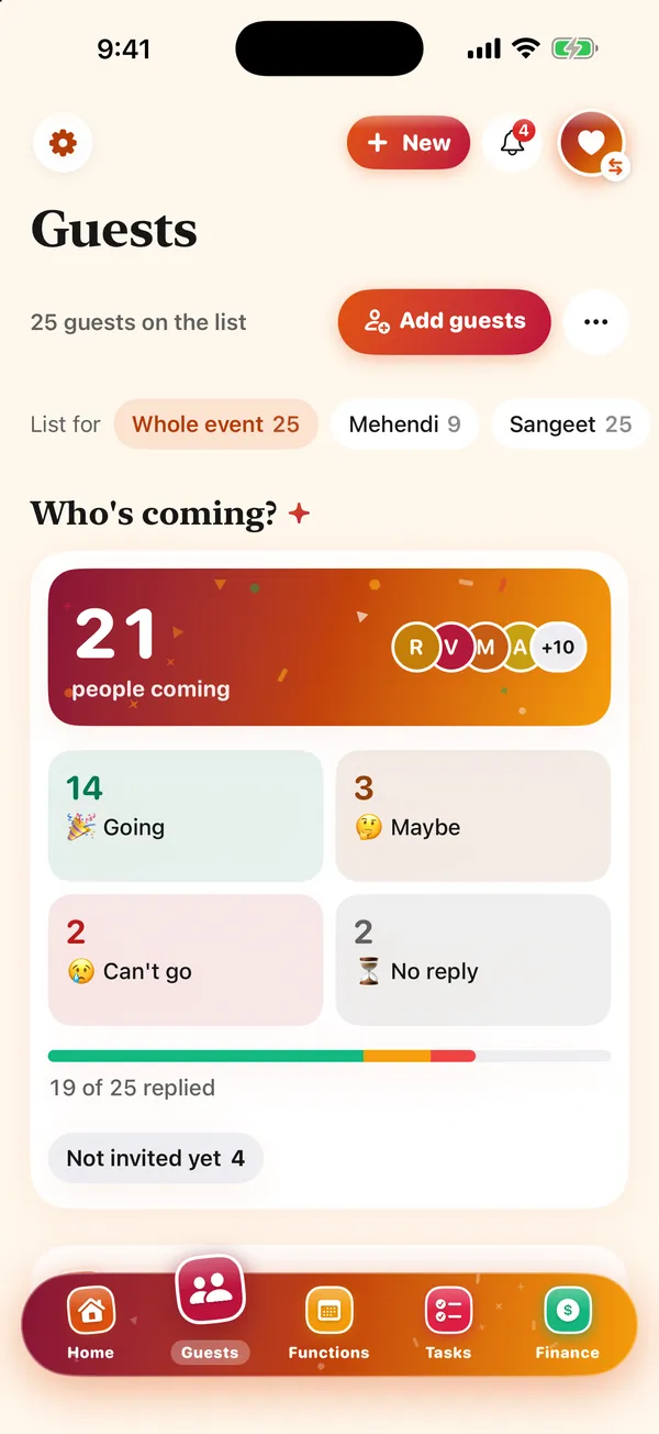Gathr's guest list: 21 people coming, 14 going, 3 maybe, 2 can't go and 2 no reply, 19 of 25 replied.