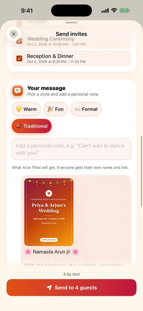 Writing the invitation: Warm, Fun, Formal or Traditional, a personal note, and a preview of the message with the invitation card for Arun Pillai.