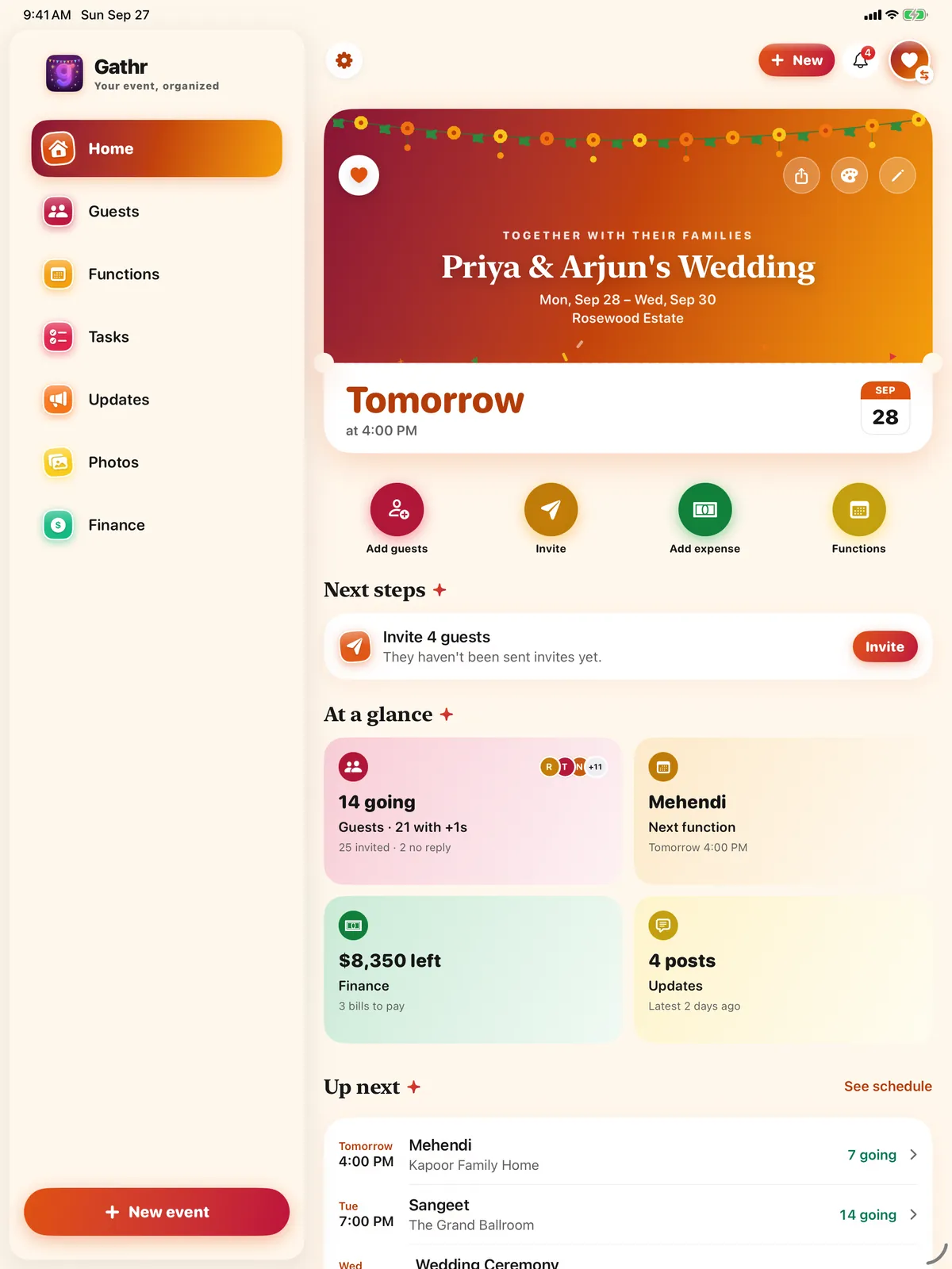 Gathr on iPad: a sidebar of sticker icons in the Marigold look beside the wedding's Home, next steps and what's up next.