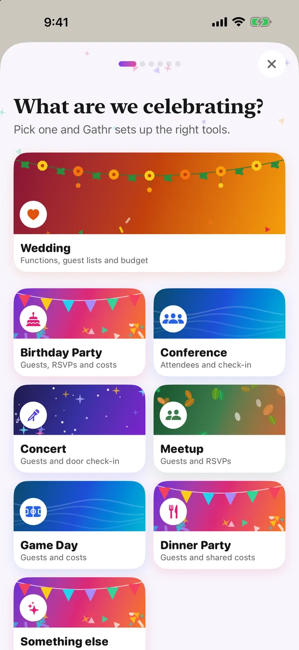 Gathr's setup asks what we are celebrating: Wedding, Birthday Party, Conference, Concert, Meetup, Game Day, Dinner Party or something else.