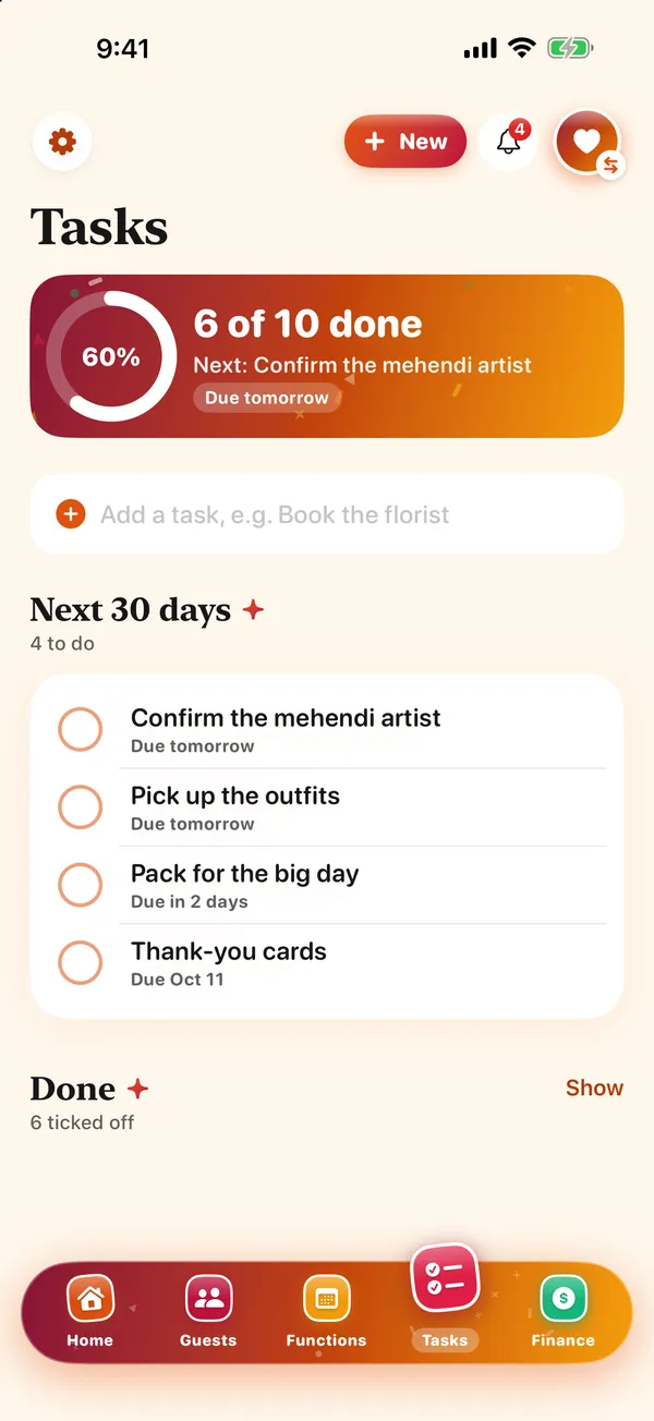 The planning checklist: 6 of 10 done, next up confirm the mehendi artist due tomorrow, and tasks for the next 30 days.