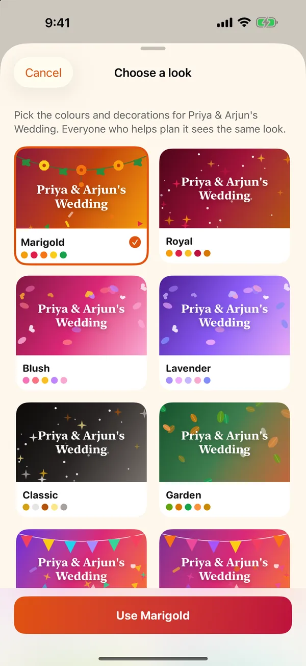 Choosing a look for Priya & Arjun's Wedding: Marigold, Royal, Blush, Lavender, Classic and Garden, each previewed on the event's name.