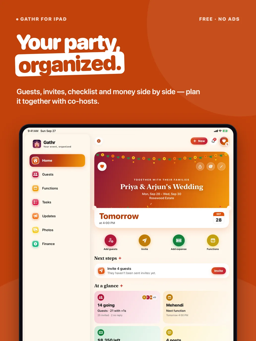 Gathr for iPad: your party, organized — guests, invites, checklist and money side by side.
