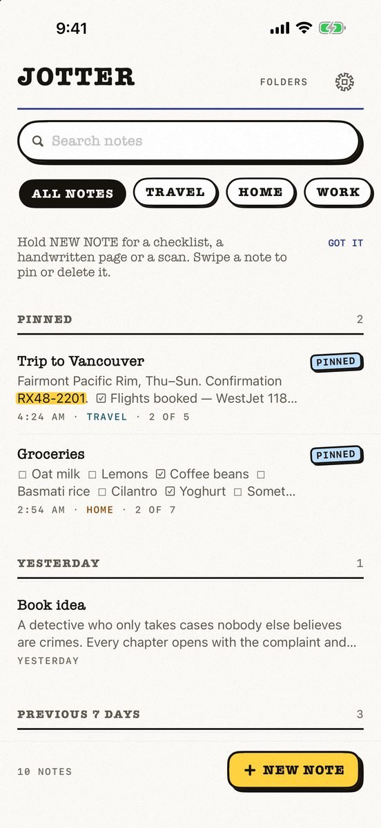 Jotter’s list of notes: a round search field, folder chips, two pinned notes with PINNED stickers, a highlighted confirmation number in a preview, and the yellow New note button.