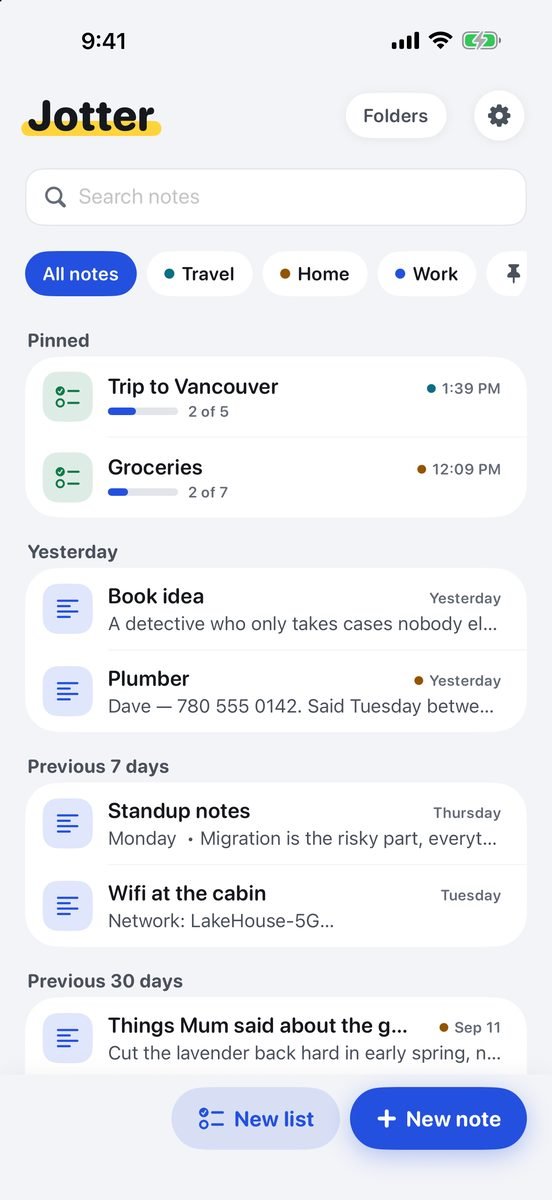 Jotter’s list of notes: a search field, folder chips, pinned notes on white cards with a progress bar under each list, and the New list and New note buttons.