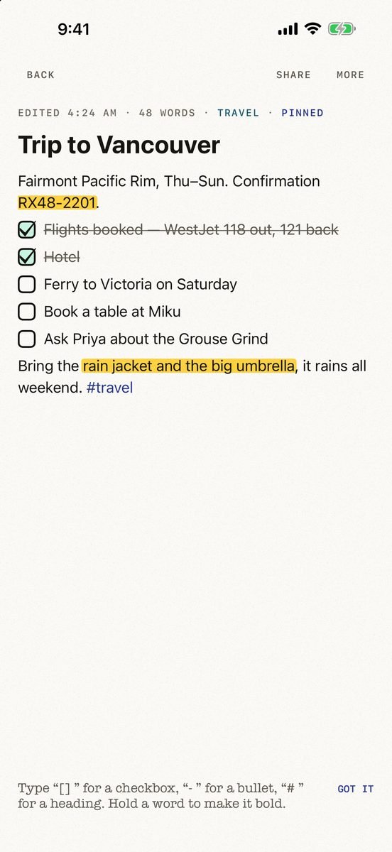 A note about a trip to Vancouver: two phrases marked with a yellow highlighter, two ticked checklist items struck through and three still to do.