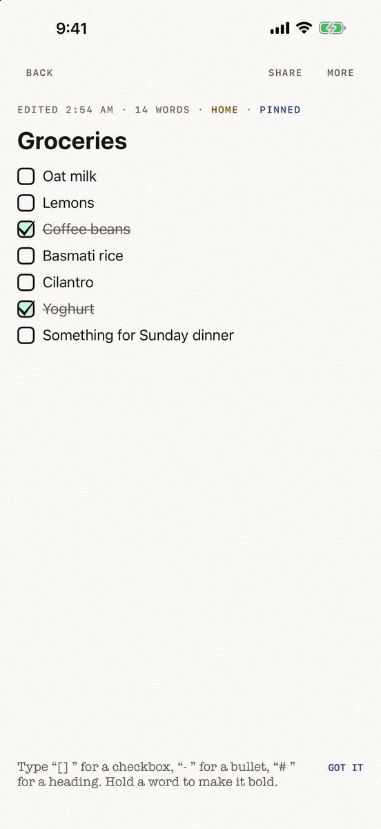 A grocery checklist of seven items, two of them ticked.