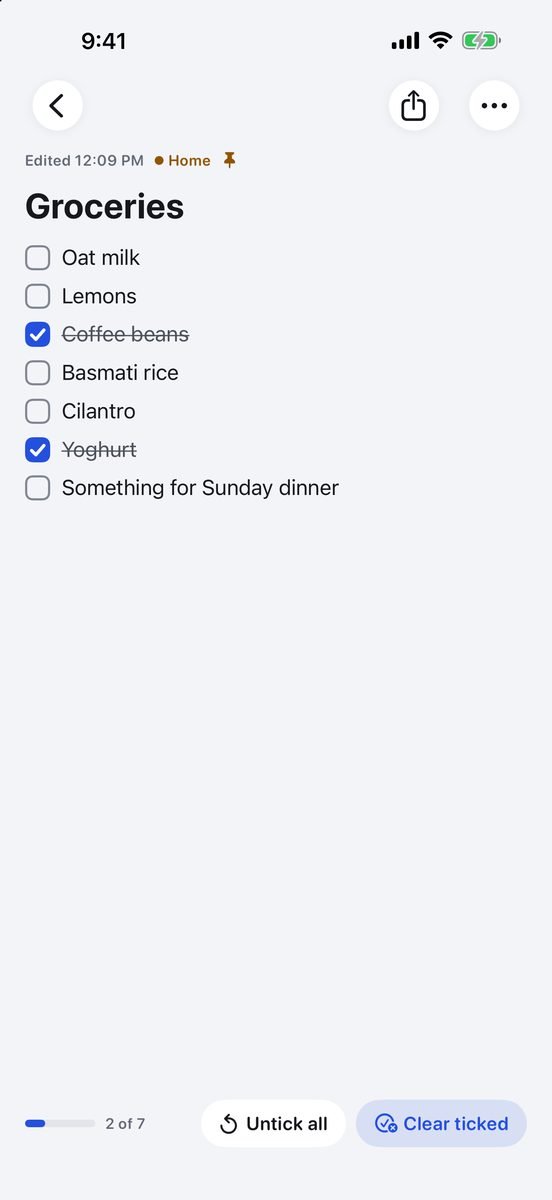 A grocery list of seven items, two of them ticked, with Untick all and Clear ticked under it.