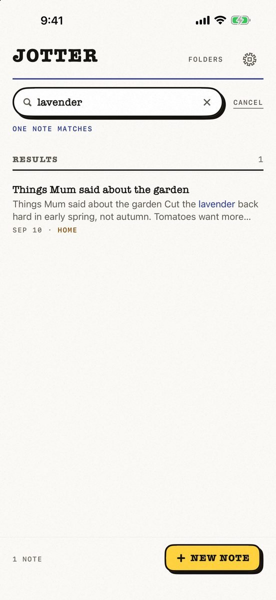 Searching for “lavender”: one matching note, with the word shown in the sentence it came from.