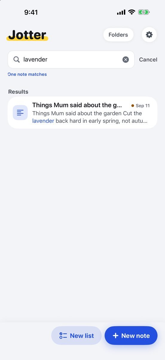 Searching for “lavender”: one matching note, with the word shown in the sentence it came from.