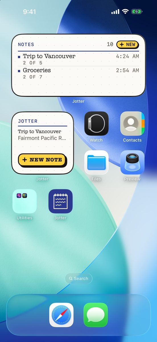 The iPhone Home Screen with two Jotter widgets: recent notes with their checklist counts, and a New note tile.