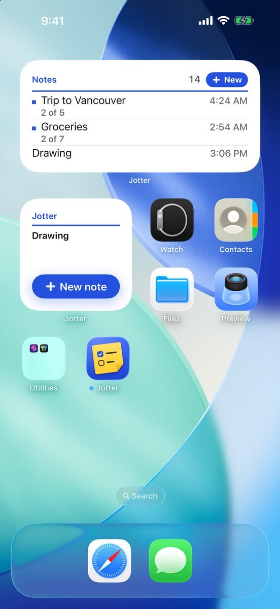 The iPhone Home Screen with two Jotter widgets: recent notes with how far through each list you are, and a New note tile.