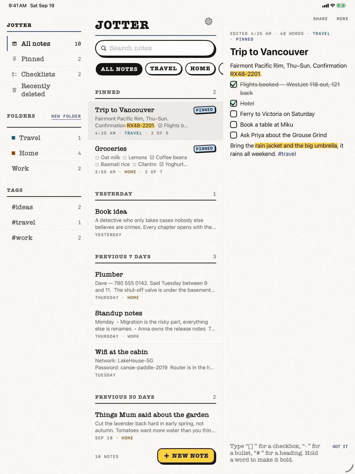 Jotter on iPad: folders and tags down the side, the list of notes in the middle and the open note beside it.