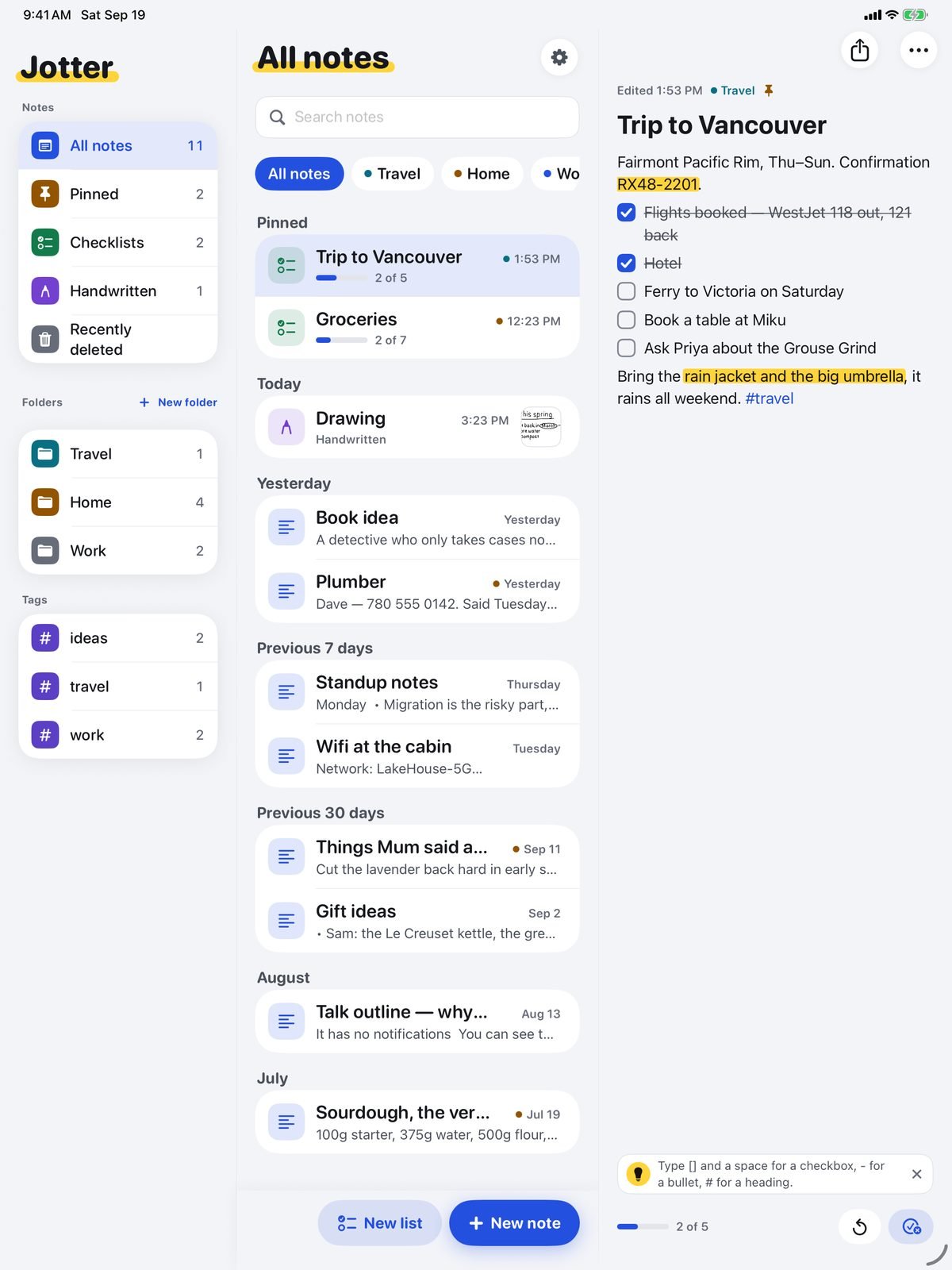 Jotter on iPad: folders and tags down the side, the list of notes in the middle and the open note beside it.