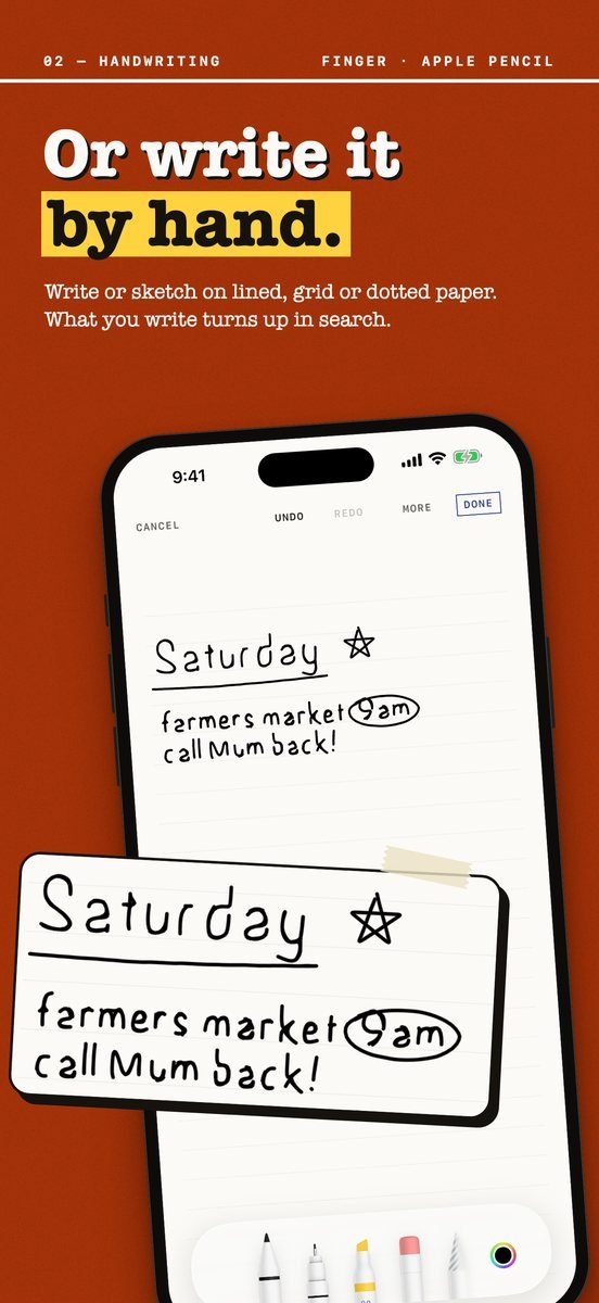 Jotter on iPhone — a handwritten note written with a finger on lined paper