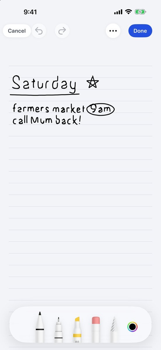 A handwritten page on lined paper: “Saturday”, underlined, with “farmers market 9am” and “call Mum back!” below it.