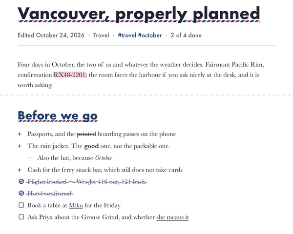 The same note as a PDF in the Airmail theme: a navy title with a red and blue airmail underline, round ticks and plain checkboxes.