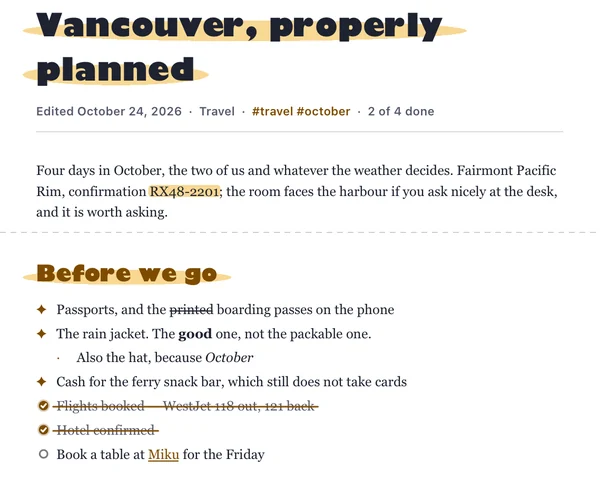 A Jotter note exported as a PDF in the Lamplight theme: the title on a yellow highlighter stroke, star bullets, gold ticks and crossed-off items.