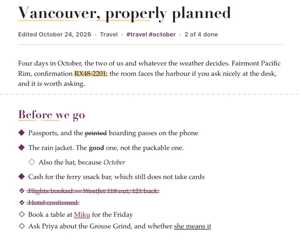 The same note as a PDF in the Velvet theme: a plum serif title, diamond bullets and diamond checkboxes.