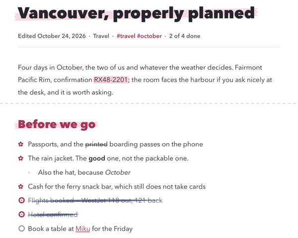 The same note as a PDF in the Washi theme: the title on a pink tape stroke, flower bullets and pink ticks.