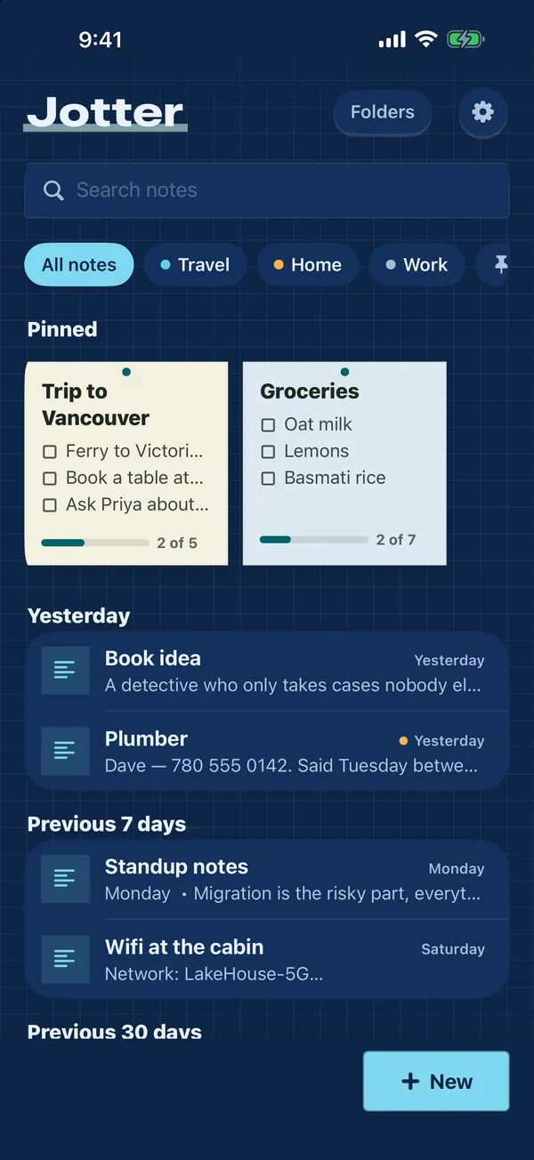 Jotter’s Blueprint theme: navy paper with a drafting grid, pale blue buttons and outlined sticky notes.