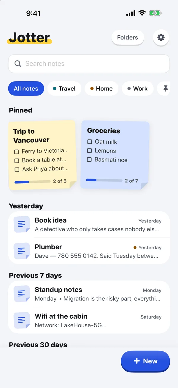 Jotter’s Classic theme: white notes, pinned lists as sticky notes and a yellow highlighter under the title.