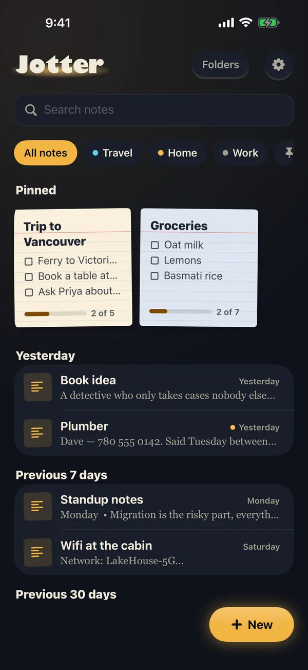 Jotter’s Lamplight theme: the notes list in dark brown with warm amber buttons, like writing by a desk lamp.