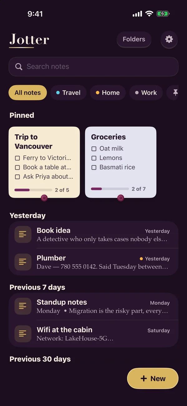 Jotter’s Velvet theme: deep plum with gold buttons and a wax-seal dot on each sticky note.