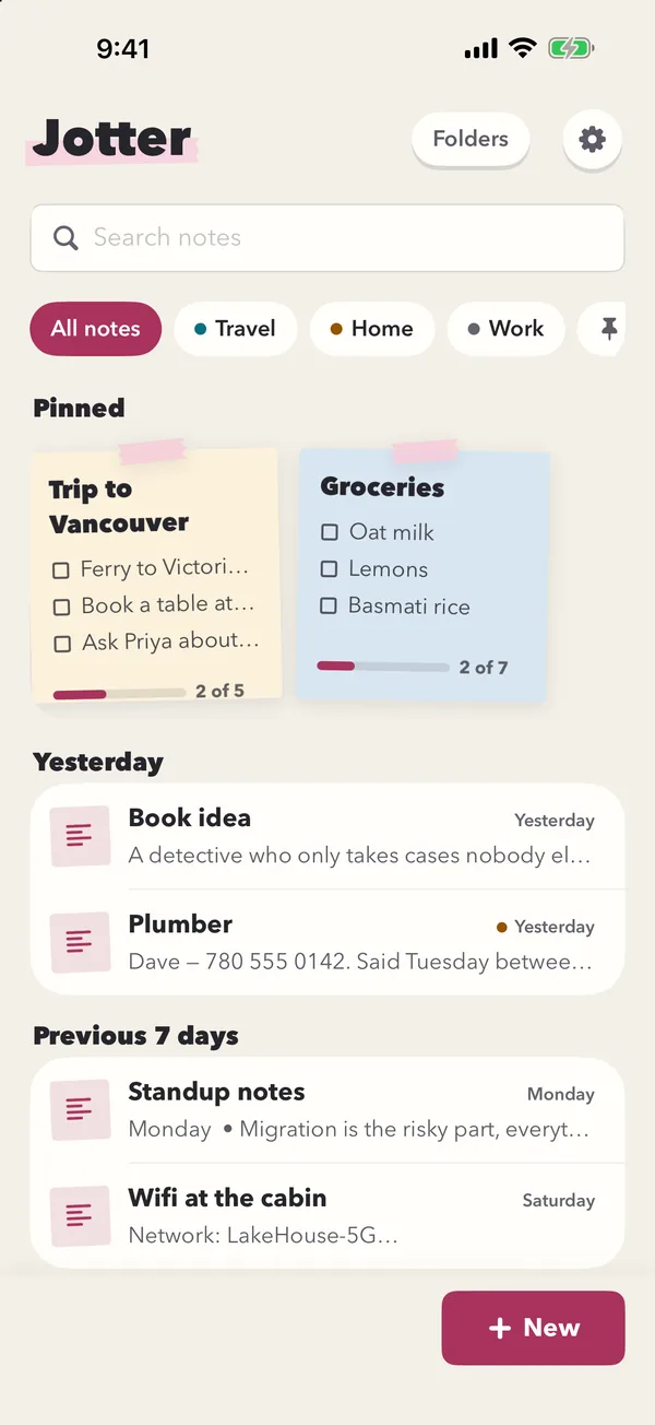 Jotter’s Washi theme: rice-paper white with taped-on sticky notes and deep red buttons.