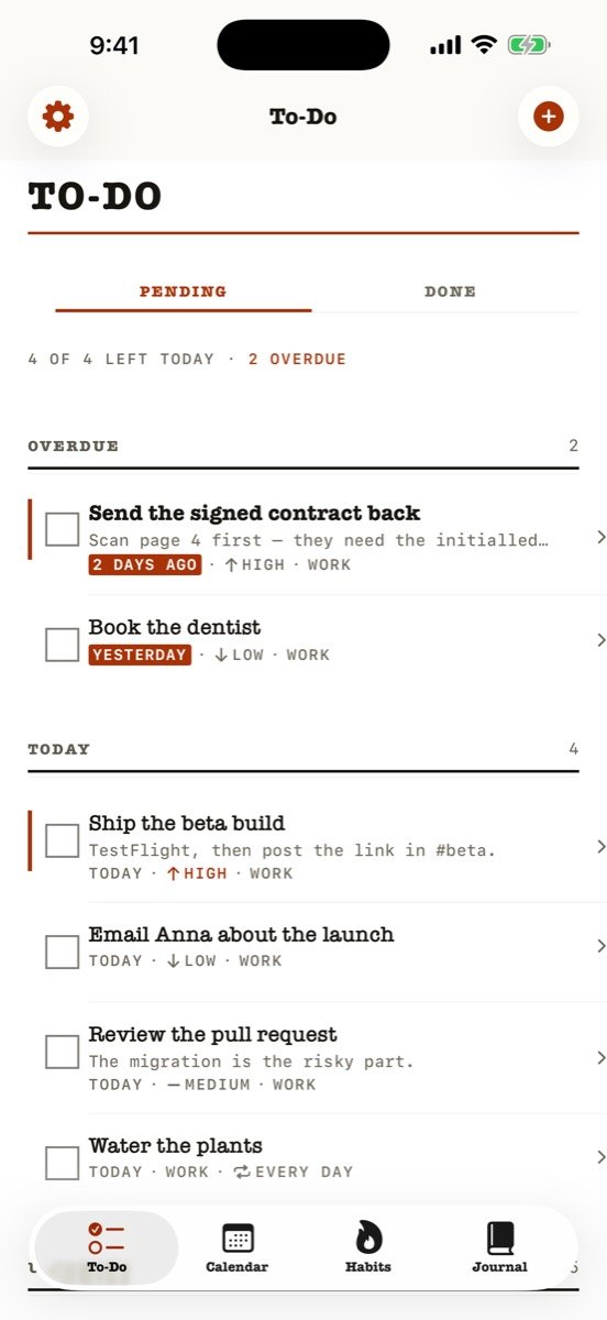 Kalend on iPhone showing the to-do list with projects and due dates