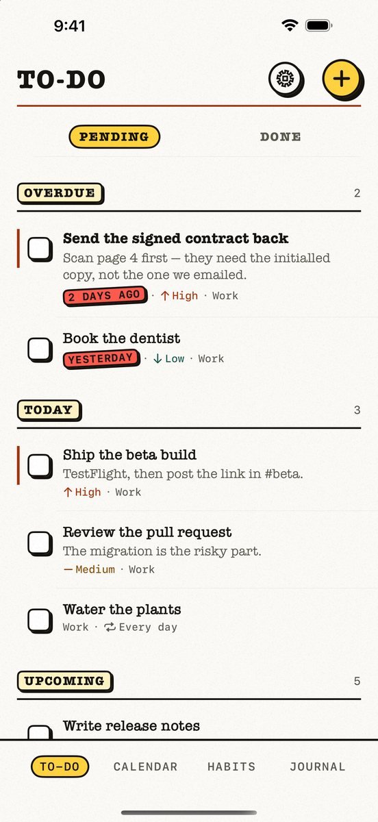Kalend on iPhone showing the to-do list with projects and due dates