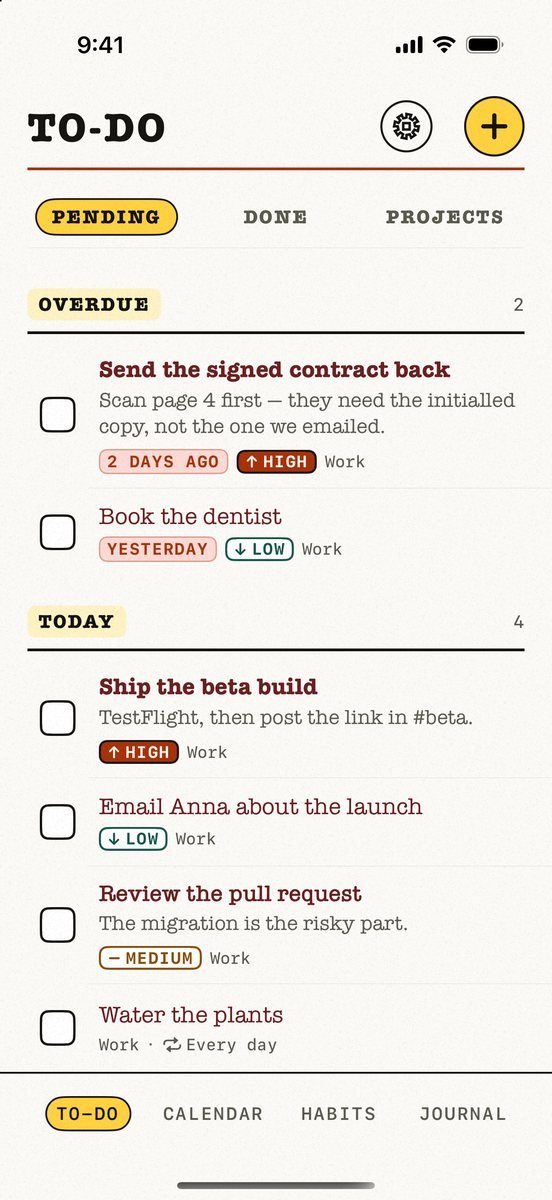 Kalend planner on iPhone showing the to-do list with due dates
