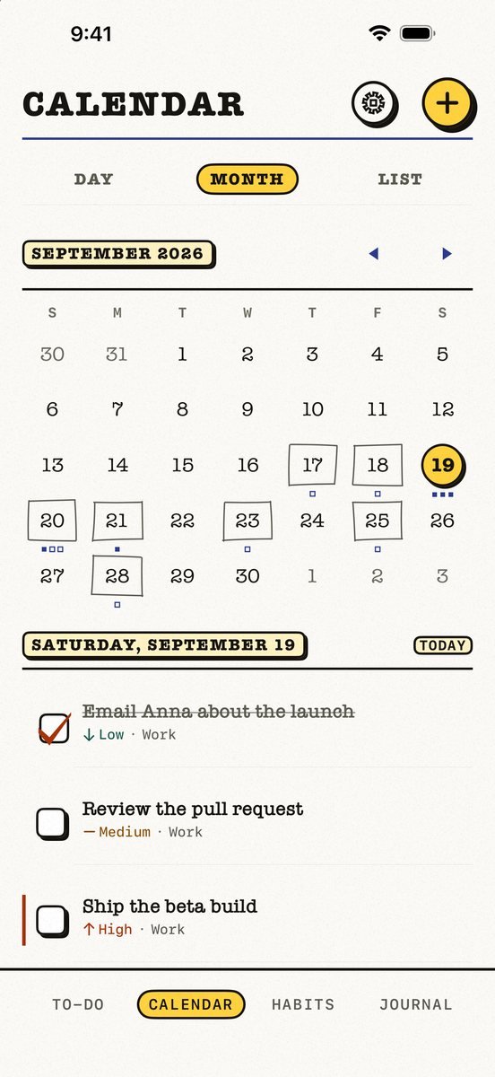 Kalend’s Calendar in month view: today circled in yellow, the days with plans marked, and the day’s tasks listed under the grid.