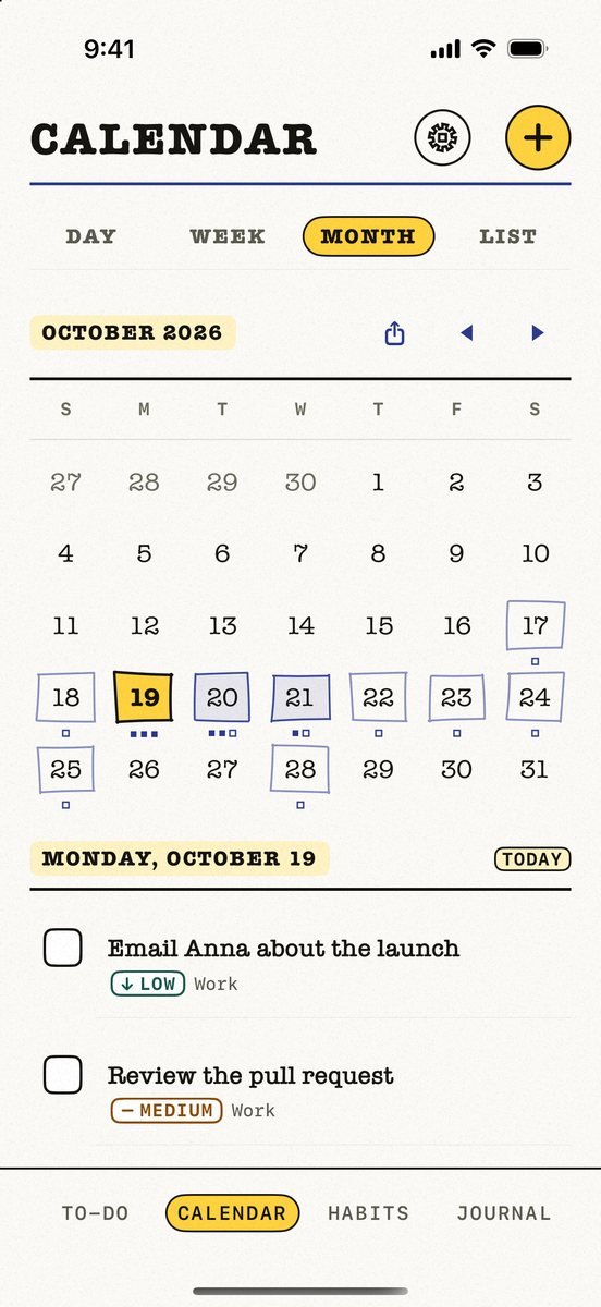Kalend&rsquo;s Calendar in month view: today marked with a yellow square, the days with plans marked, and the day&rsquo;s tasks listed under the grid.