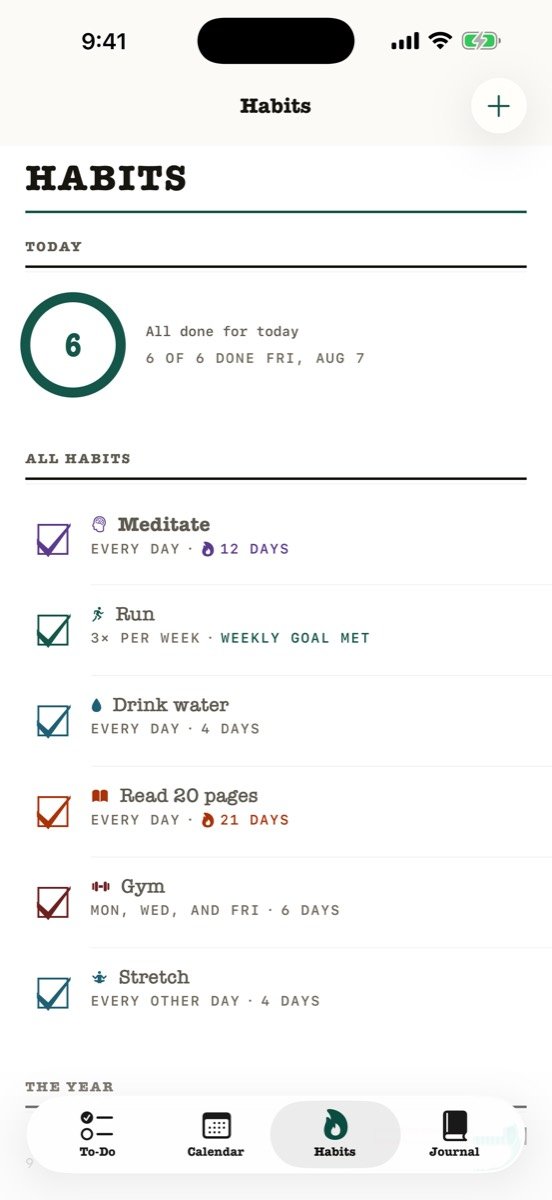 Kalend’s Habits screen: six habits with their schedules and streaks, and a strip showing the whole year of completions.