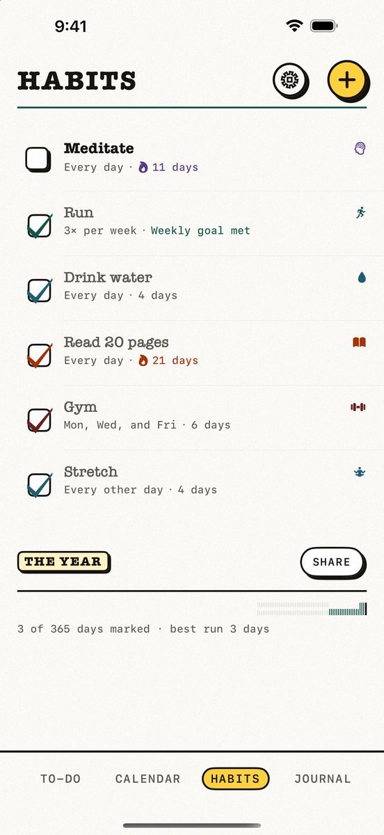 Kalend’s Habits screen: six habits with their schedules and streaks, and a strip showing the whole year of completions.