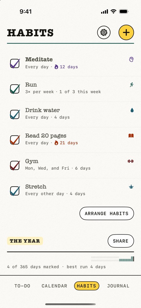 Kalend&rsquo;s Habits screen: six habits with their schedules and streaks, and a strip showing the whole year of completions.