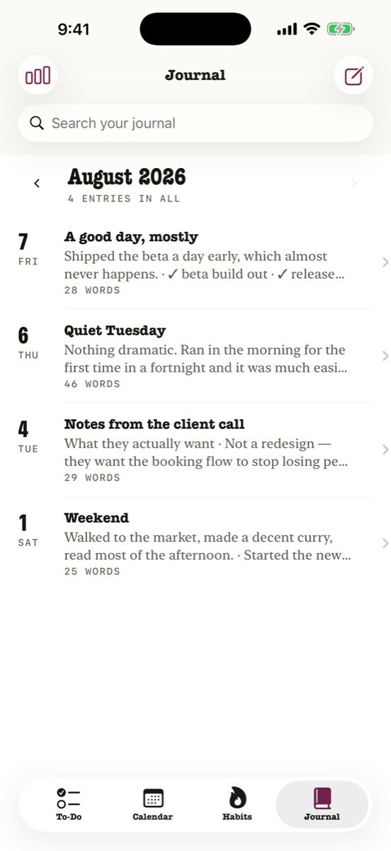 Kalend’s Journal screen: entries newest first, each with its date, title, an opening line and a word count.