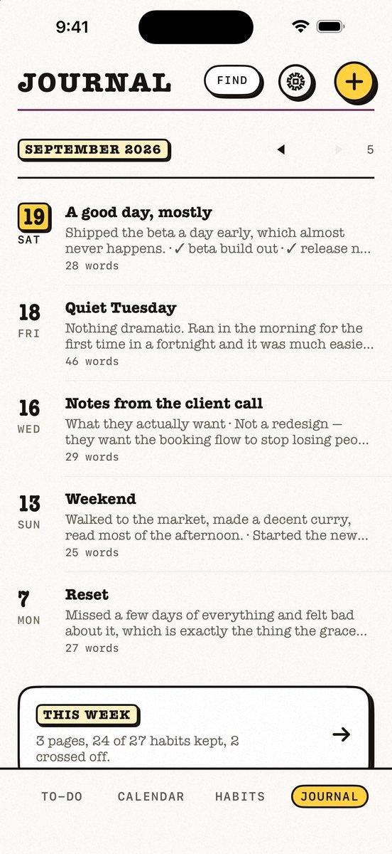 Kalend’s Journal screen: entries newest first, each with its date, title, an opening line and a word count.
