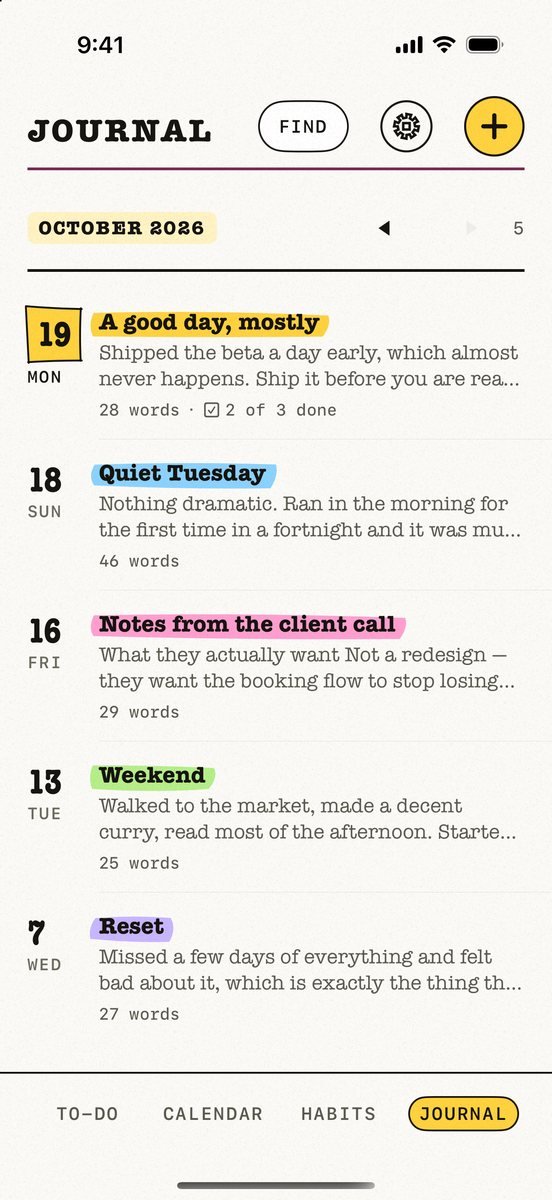 Kalend&rsquo;s Journal screen: entries newest first, each with its date, title, an opening line and a word count.