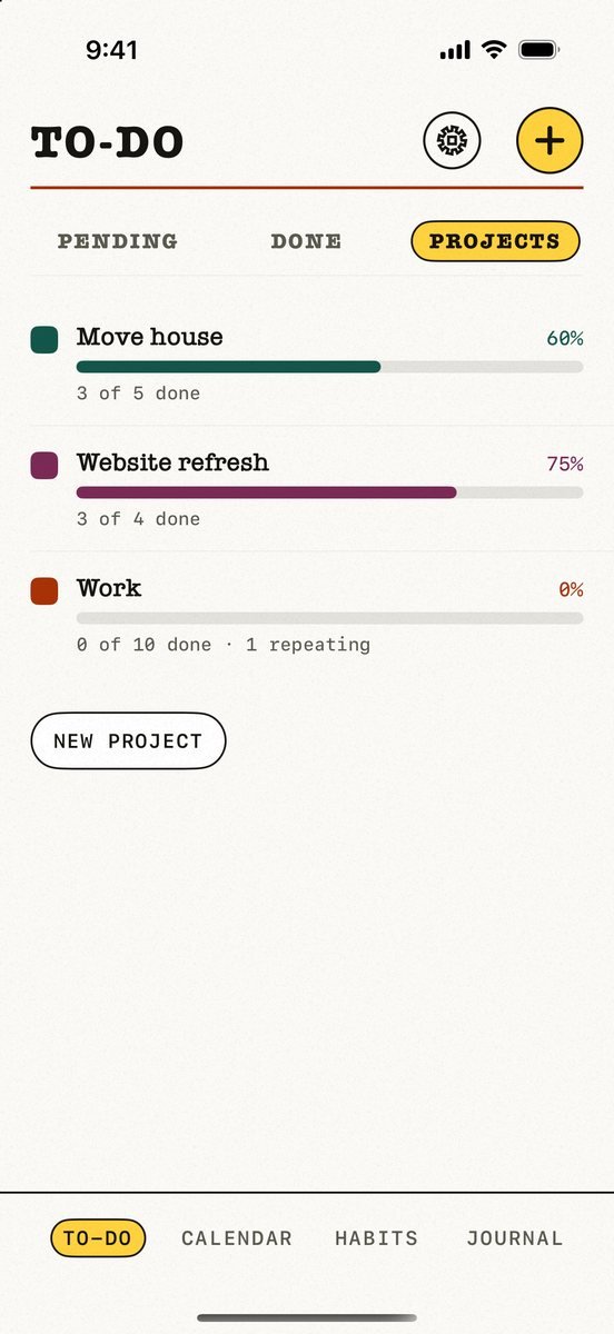 Kalend&rsquo;s Projects: Move house 60% done, Website refresh 75% and Work 0%, each with a progress bar, and a New project button.