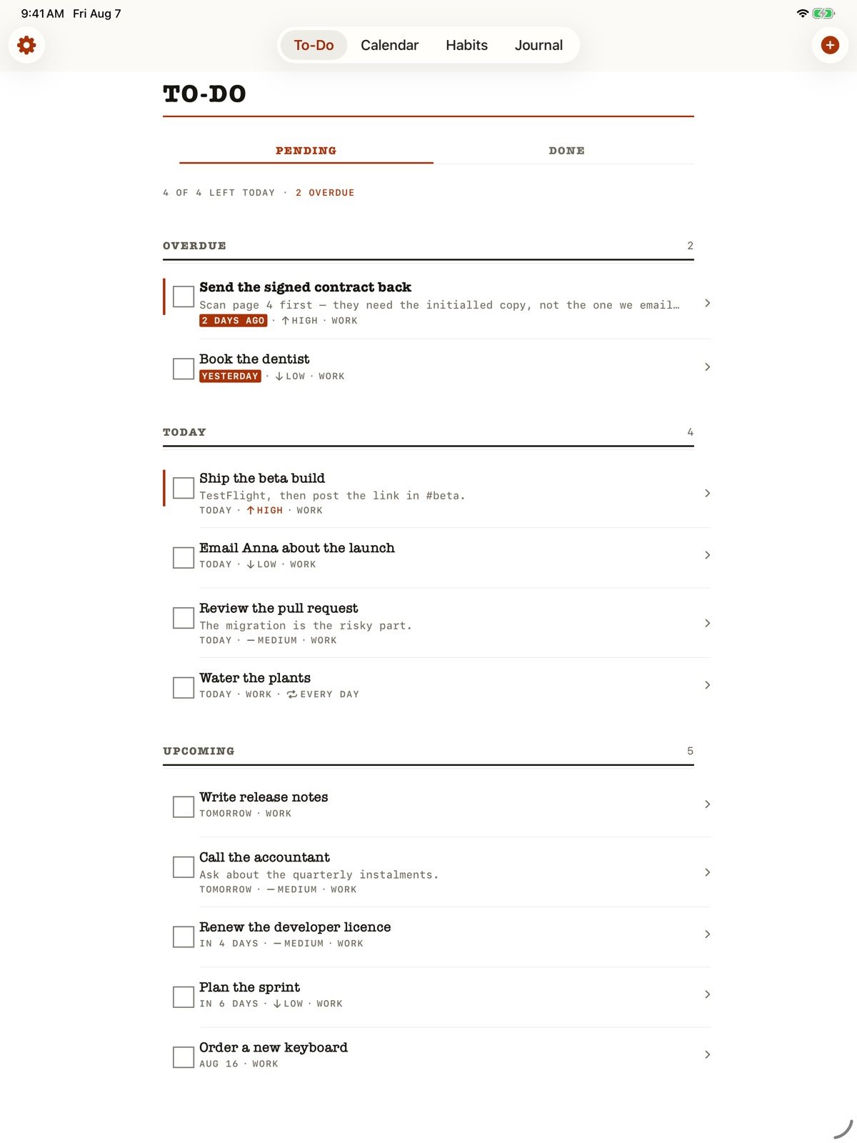 Kalend on iPad: the same To-Do list at tablet width, with the four tabs across the top and the list held to a readable column rather than stretched across the screen.