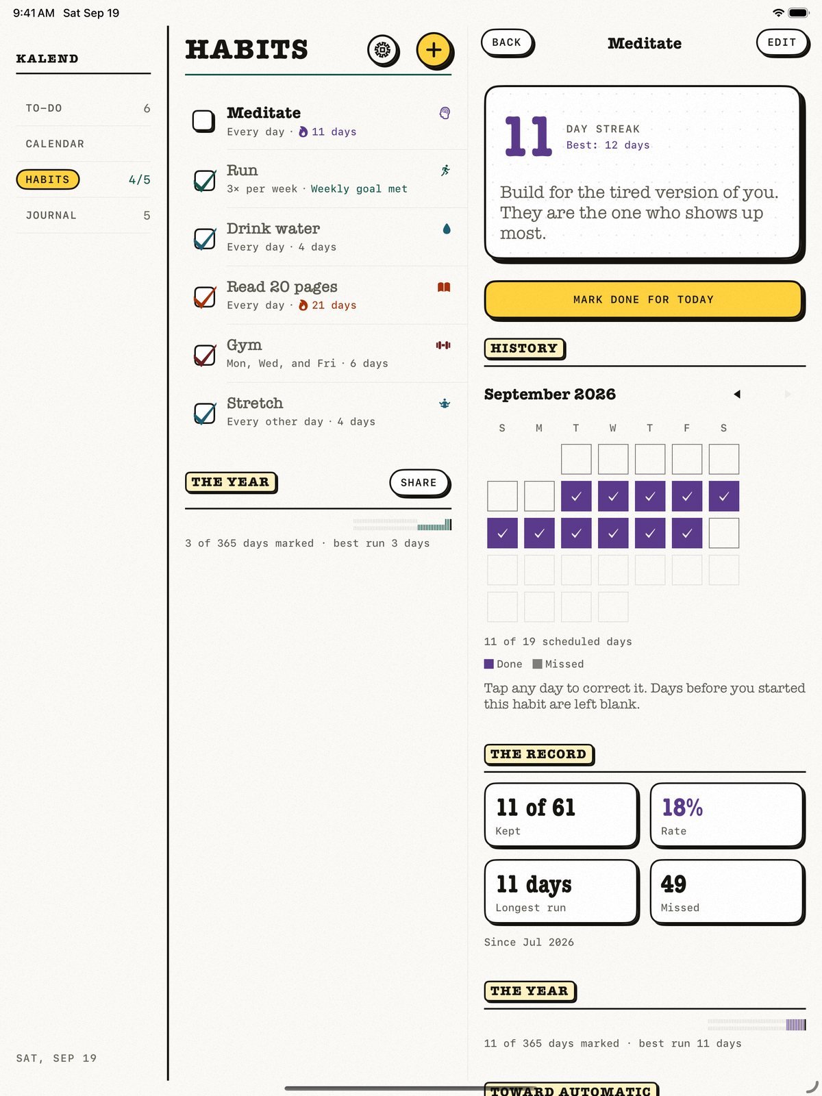 Kalend on iPad: the four sections down the side, the habit list in the middle, and the chosen habit’s streak, done-today button and month of history beside it.