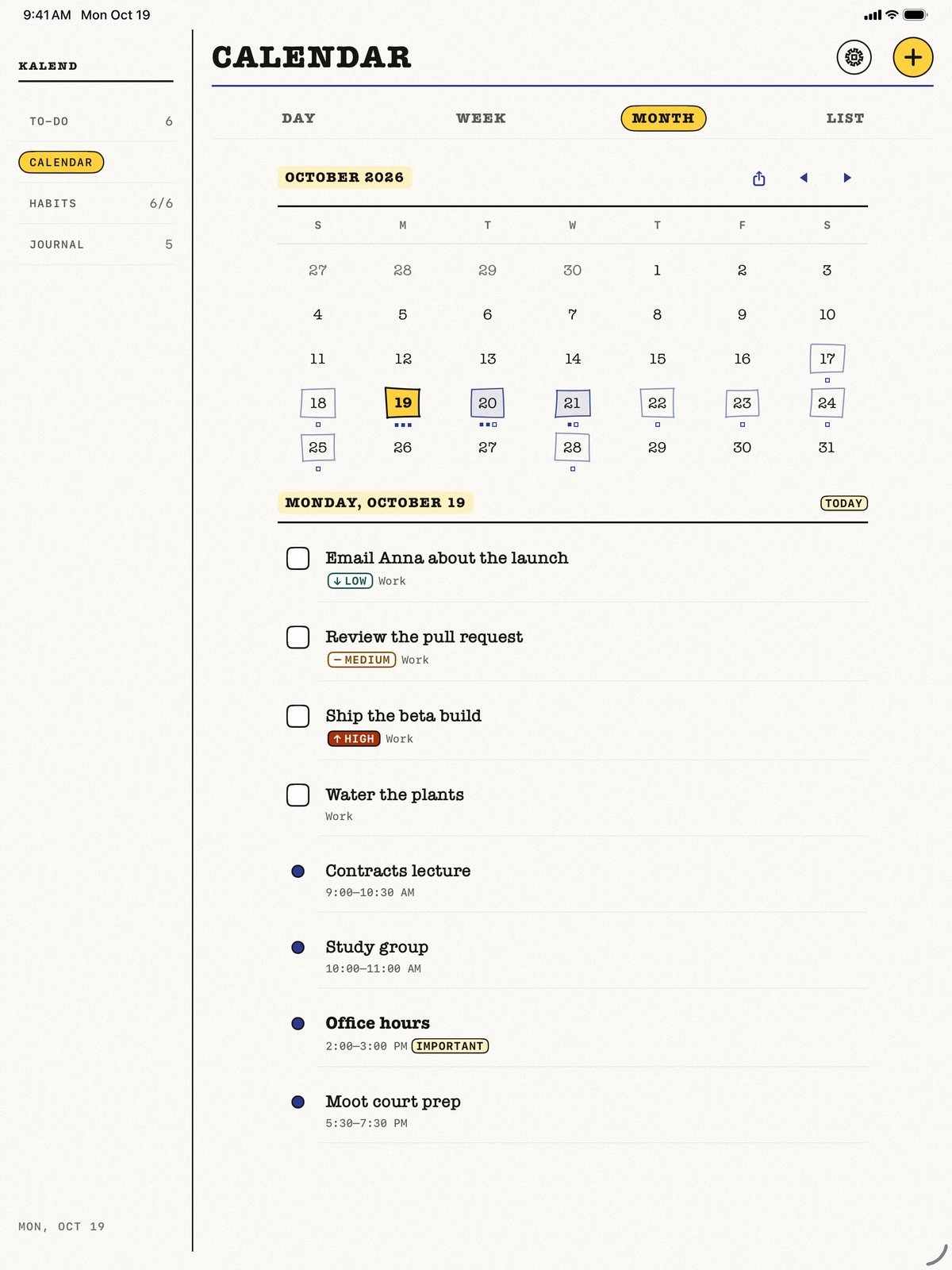 Kalend on iPad: the four sections down the side, the Calendar in month view with today marked in yellow, and the agenda for the day below it.