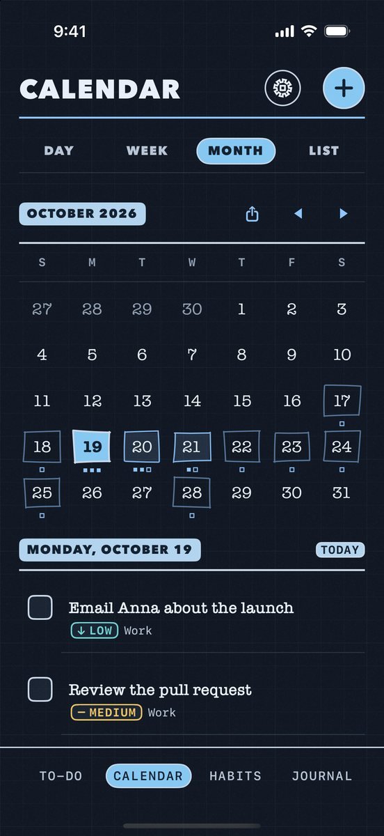 Kalend in the Sky theme at night: the Calendar month on a dark blueprint grid.