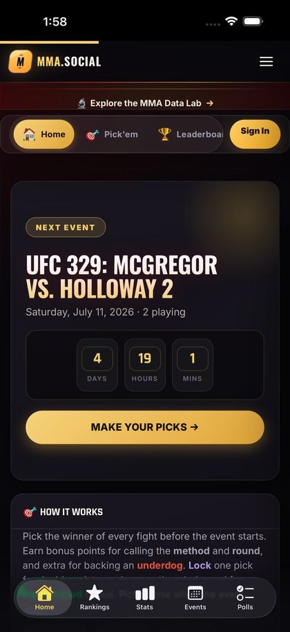 MMA SOCIAL fantasy pick’em card for an upcoming event