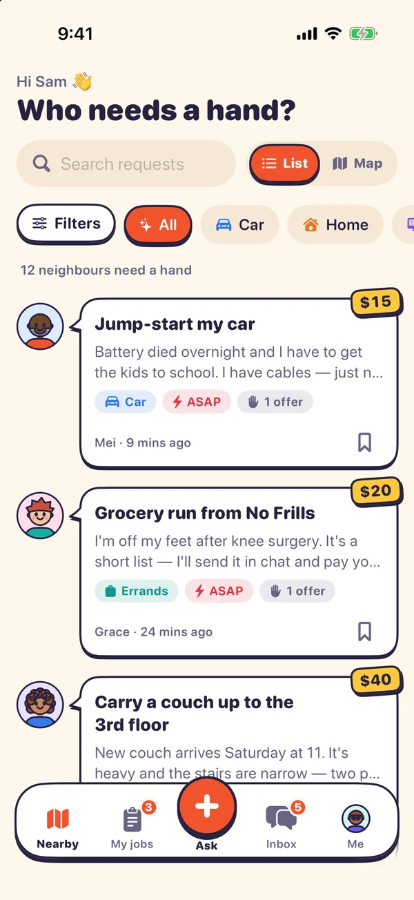 Neighbr on iPhone — requests from neighbours nearby, each with a price or Free